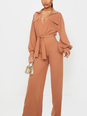 Camel Oversized Shirt Style Tie Waist Jumpsuit