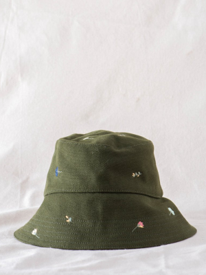 The Bucket Hat. -- Army With Tossed Floral Embroidery