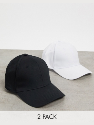 Asos Design 2-pack Baseball Cap In Black And White Cotton