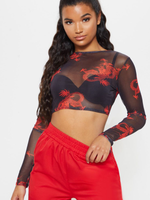 Red Dragon Printed Mesh Long Sleeve Crop Top