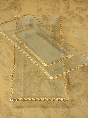 Clear Textured Rectangular Tray W/jagged Gold Rim