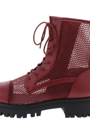 Bali1 Wine Perforated Lace Up Combat Boot