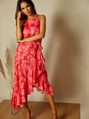 Ariana Halter Frill Dress / Pink Floral Print
