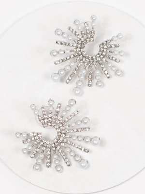 Deco Style Pearl & Rhinestone Burst Earrings