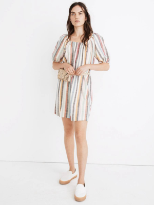 Puff-sleeve Trapeze Mini Dress In Rainbow Stripe