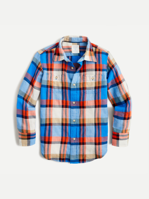 Boys' Crinkle Cotton Shirt In Ivory Plaid