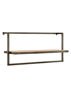 17" X 7.9" Floating Industrial Wood Wall Shelf With Metal Towel Bar Black - Danya B.