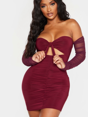 Shape Burgundy Tie Bust Ruched Mesh Sleeve...