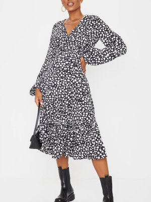 Black Animal Print Tie Waist Frill Hem Midi Dress