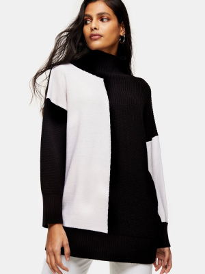 Black And White Color Block Longline Knitted Sweater