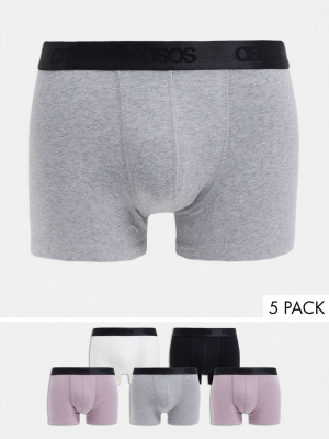 Asos Design 5 Pack Trunks In Organic Cotton With Branded Waistband Save