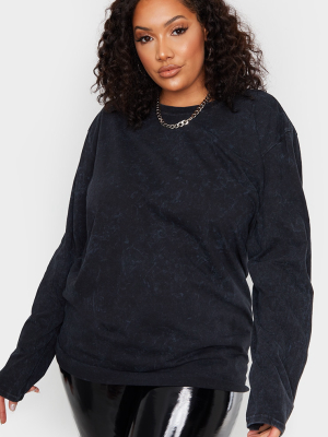 Plus Black Tie Dye Long Sleeve Oversized T-shirt