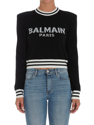 Balmain Cropped Logo Intarsia Sweater