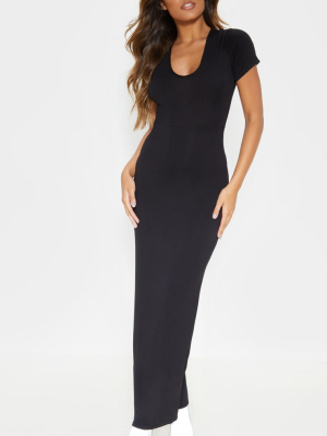 Black Jersey V Neck Short Sleeve Maxi Dress