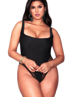 Plus Size Low Back Splicing Openwork One Piece Swimsuit