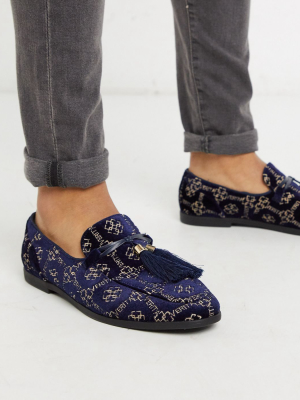 Asos Design Loafers In Navy Velvet Print With Tassel