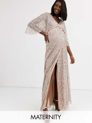 Maya Maternity Bridesmaid Delicate Sequin Wrap Maxi Dress In Taupe Blush