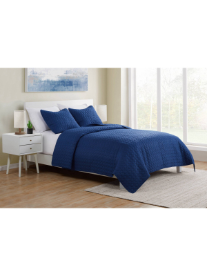 Queen 3pc Waffle Weave Embossed Quilt Set Navy - Jade + Oake