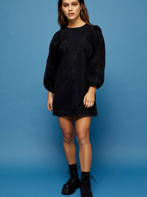 Petite Washed Black Denim Puff Sleeve Mini Dress