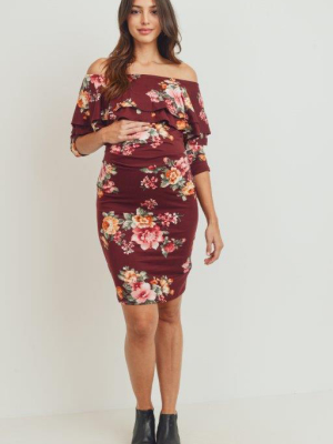 Little Momma's Off-shoulder Rum Dress With Floral Embellishments