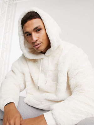 Asos Design Oversized Faux Fur Hoodie In Ecru