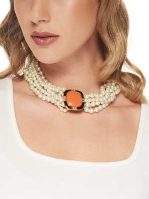 Eight Row White Pearl With Coral Center Clasp Necklace