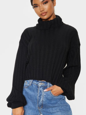 Black Balloon Sleeve Roll Neck Ribbed Sweater