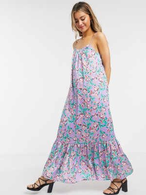 Asos Design Satin Cami Trapeze Maxi Dress With Pep Hem In Lilac Based Floral