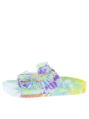 Jeweled Mint Multi Open Toe Dual Buckle Strap Slide Sandal