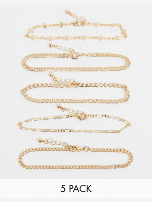 Asos Design Slim Bracelet Pack With Crosses In Shiny Gold Tone