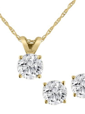 Pompeii3 Diamond Solitaire Necklace & Studs Earrings Set 3/4 Carat 14k Yellow Gold