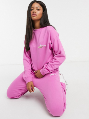 Asos Design Tracksuit Oversized Sweat With Embroidered Slogan / Oversized Jogger In Pink