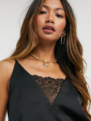 River Island Lace Insert Satin Cami Top In Black