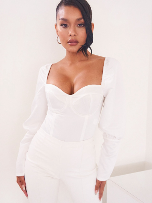 White Satin Structured Bodice Puff Sleeve Bodysuit