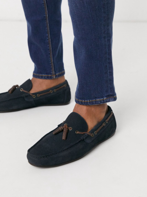 Asos Design Driving Shoes In Navy Suede With Lace Detail