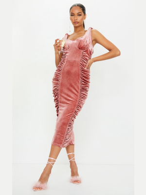 Rose Velvet Knot Strap Ruched Midi Dress