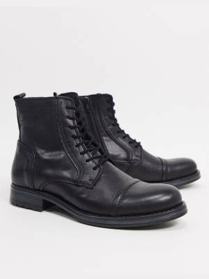 Jack & Jones Lace Up Leather Boot In Black