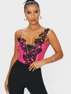 Hot Pink Mesh Embroidered Lace Detail Plunge...