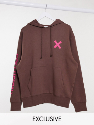 Collusion Unisex Hoodie With Logo Print In Brown