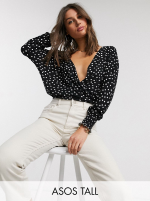 Asos Design Tall Wrap Bodysuit With Shirred Cuff And Open Back In Spot