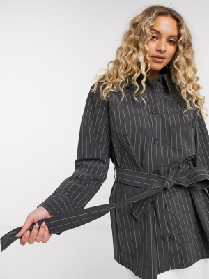 Weekday Beatrix Belted Pinstripe Blazer In Dark Gray