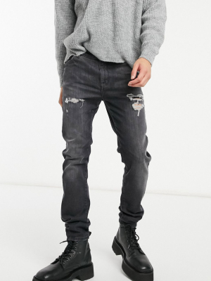 Asos Design 12.5oz Skinny Jeans In Vintage Washed Black With Abrasions