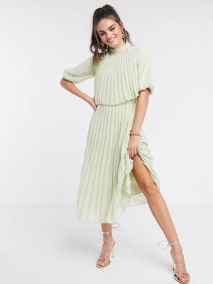 Asos Design High Neck Pleated Double Layer Midi Dress In Chevron Dobby In Sage Green