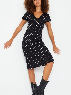 Black Polka Dot Print Short Puff Sleeve Midi Dress