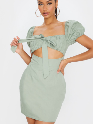 Sage Green Bardot Puff Sleeve Tie Front Bodycon...