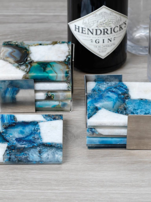 Set/4 Crete Agate Coasters On Metal Tray - Green/white