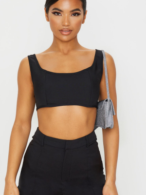 Black Woven Seam Front Zip Back Crop Top