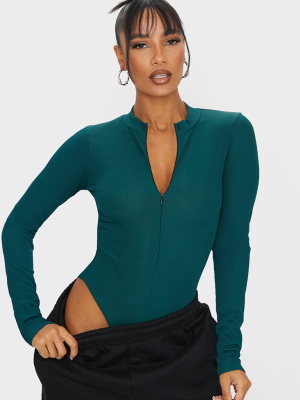 Bottle Green Rib Zip Up Long Sleeve Bodysuit