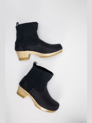 5" Pull On Shearling Boot On Mid Heel Black Suede
