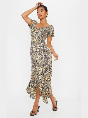 Leopard Fishtail Puff Sleeve Midi Dress